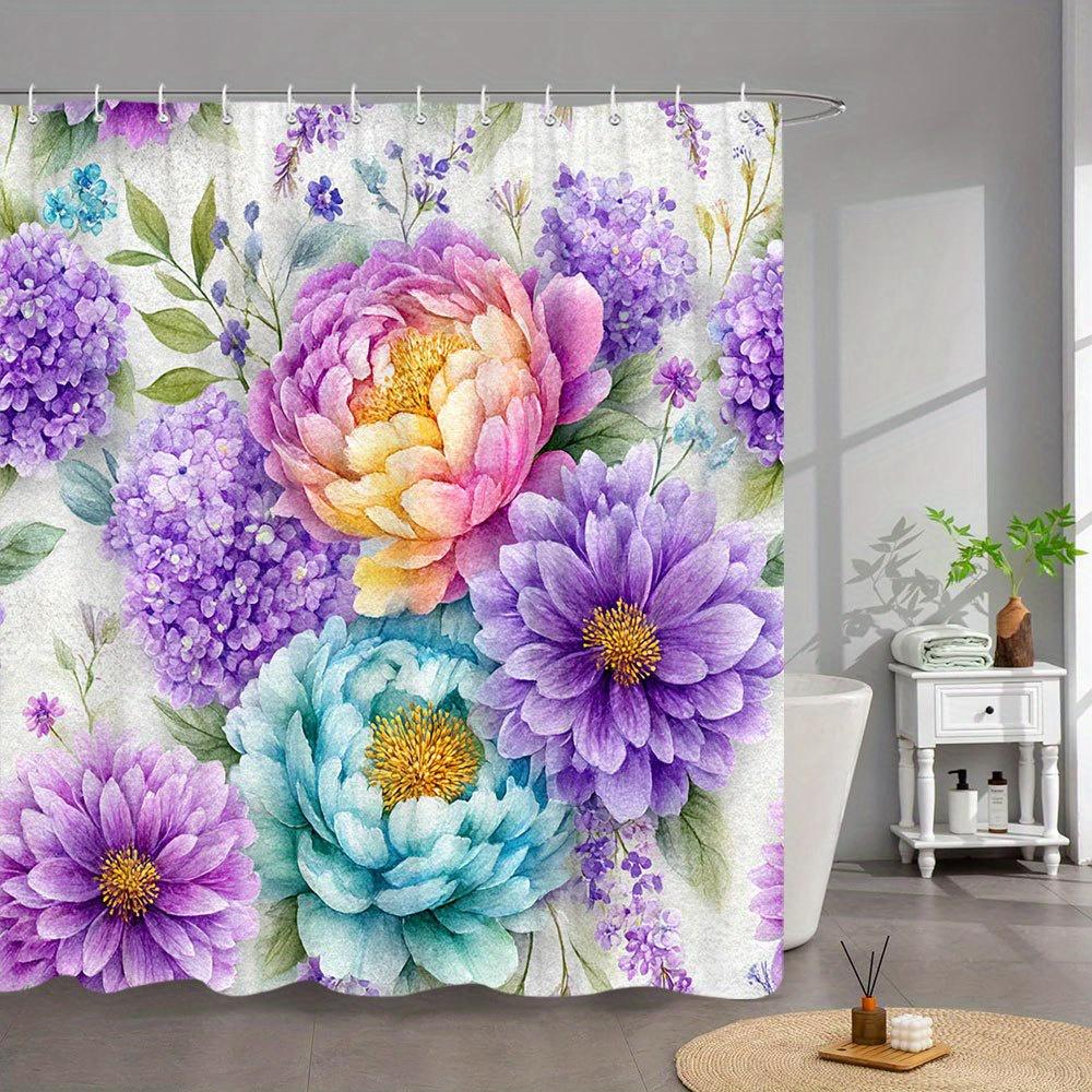 1pc Watercolor Peonies Shower Curtain - Vibrant Purple Blue Pink Blooms & Lavender Leaves On White, Realistic Whimsical Floral