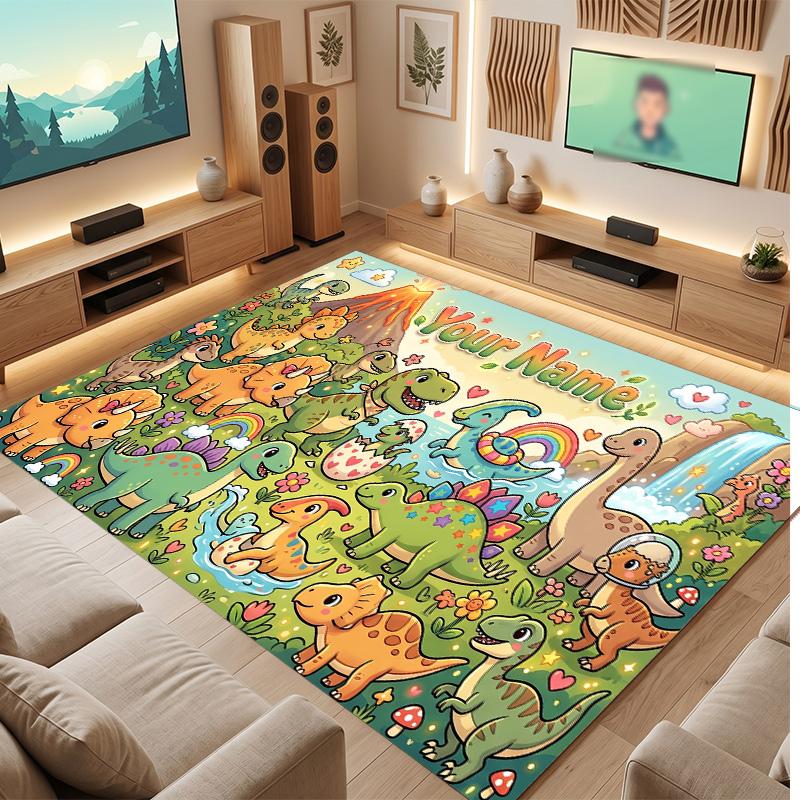 Dinosaur Theme Soft Crystal Velvet Rug Custom Name & Text Print Non Slip Floor Rug for Bedroom Living Room