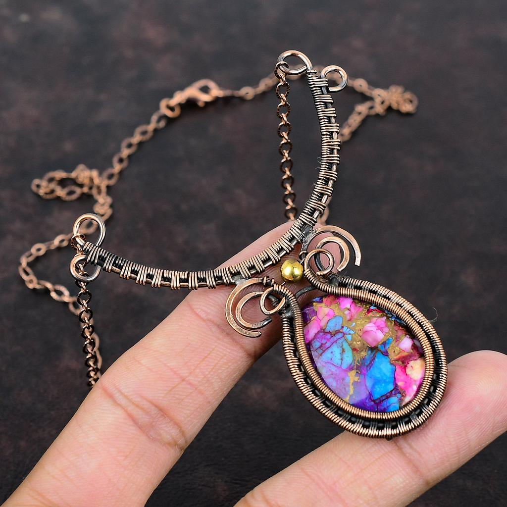 Natürliche Kingman Pinke Dahlie Türkis Halskette Kupferdraht Umwickelte Halskette Edelsteinschmuck Verstellbare Halskette Kupferschmuck Hochzeitsgeschenk