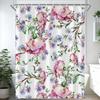 Rideau de Douche Fleur Aquarelle, Fleur de Prunier Vintage Plante Tropicale Feuille Verte Élégance Oiseau, Ensemble Décoration Salle de Bain Avec Crochets