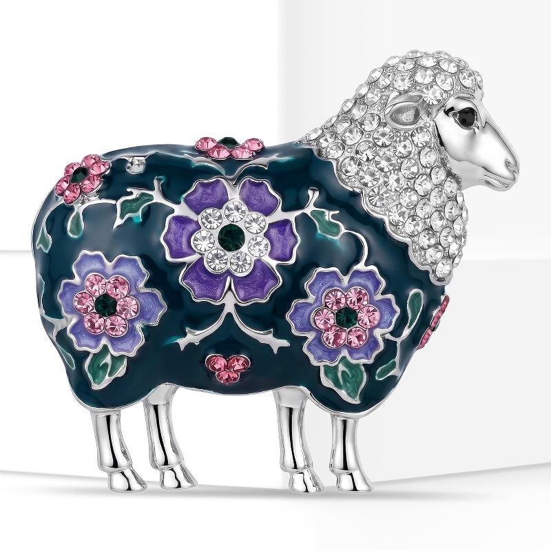 Vintage Enamel Sheep Goat Brooches For Women Diamond-Encrusted Lamb Pins Cute Animal Corsage Wedding Party Dress Jewelry Gift