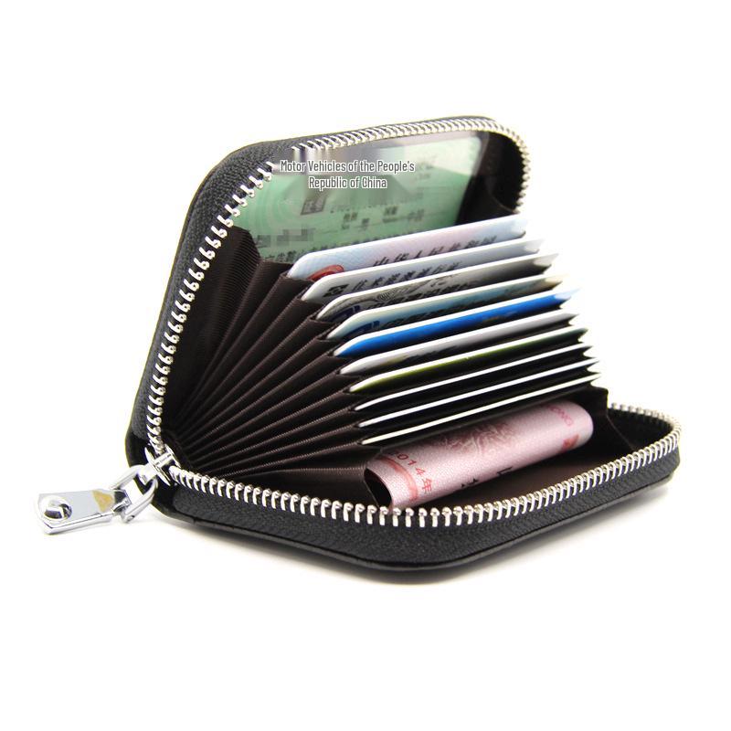 Accordion Top Grain Cowhide RFID Anti-Theft Multi-Card Zipper Leather ID Card Holder