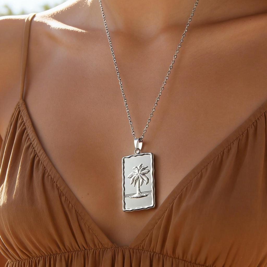 Silver Fine Chain with Coconut Tree Landscape Square Plate: Unisex Vacation Accessory