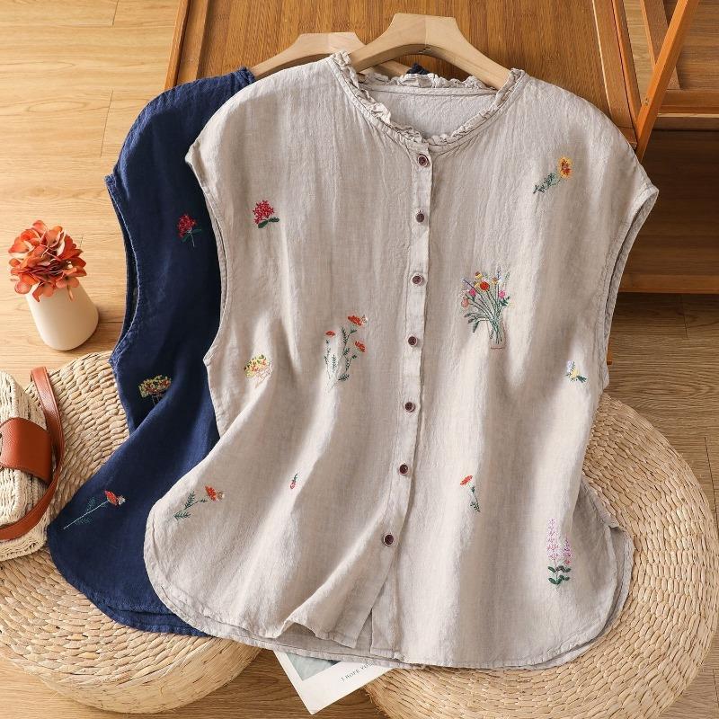 Women Navy Blue Cotton Linen Floral Embroidered Sleeveless Button Blouse With Ruffle Neck Summer Casual Top