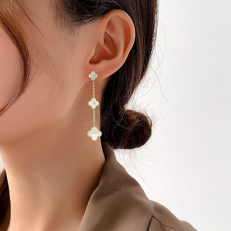 Exquisite Long Section of Natural Shell Four-leaf Clover Flower Petal Earrings Personalized Versatile Net Red Earrings Female Earrings