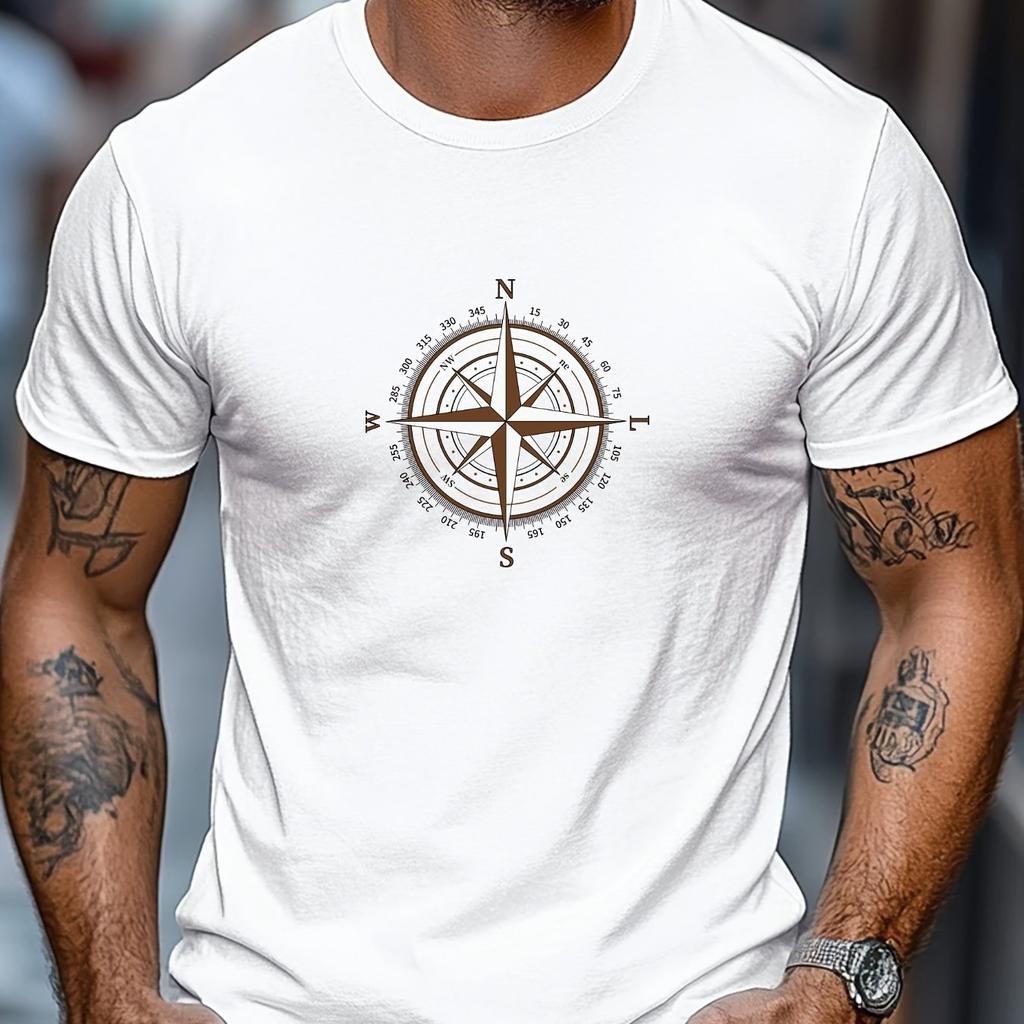 Men Maroon Casual Short Sleeve T-Shirt with White Compass Rose Graphic Regular Fit Round Comfort Men Clothing