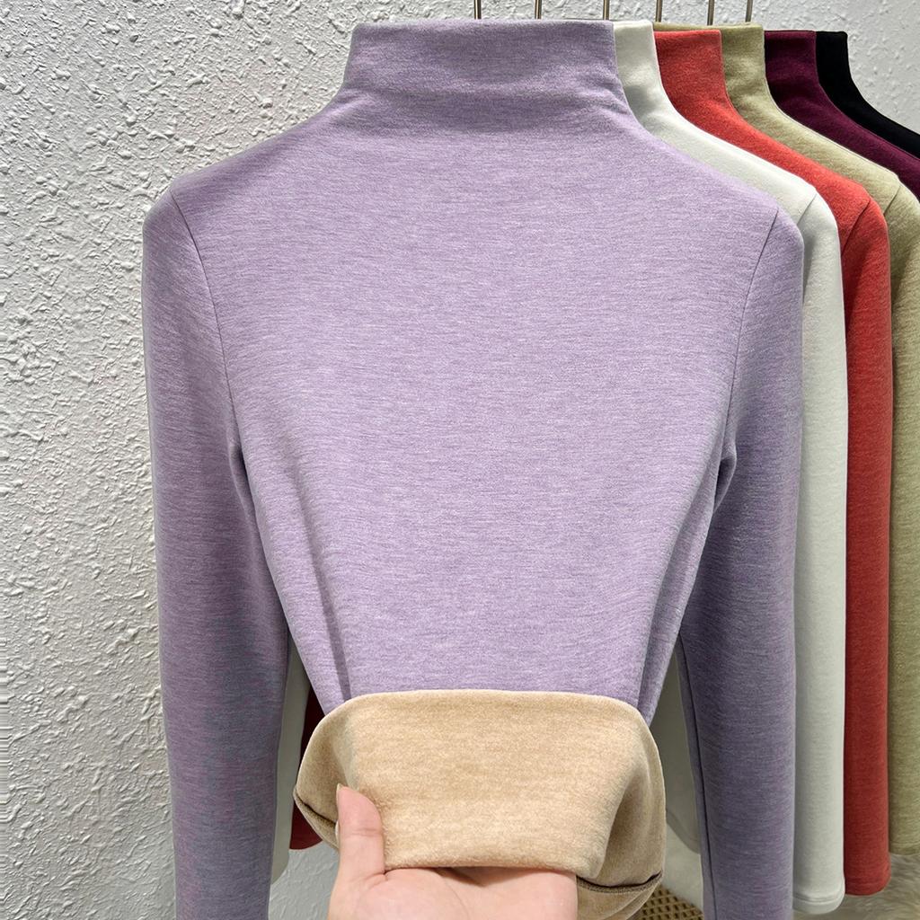 Autumn and winter women's clothing containing wool and silk bottoming shirt women's inner heating fleece warm turtleneck top with fleece and thicker