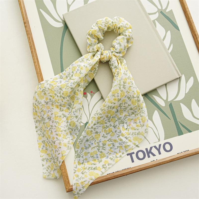 Chip Flower Grid Print Bow Hair Scarf Hair Scrunchies Chiffon Floral Scrunchie Hair Bands Ponytail Holder Scrunchy Ties 34cm 1Pc
