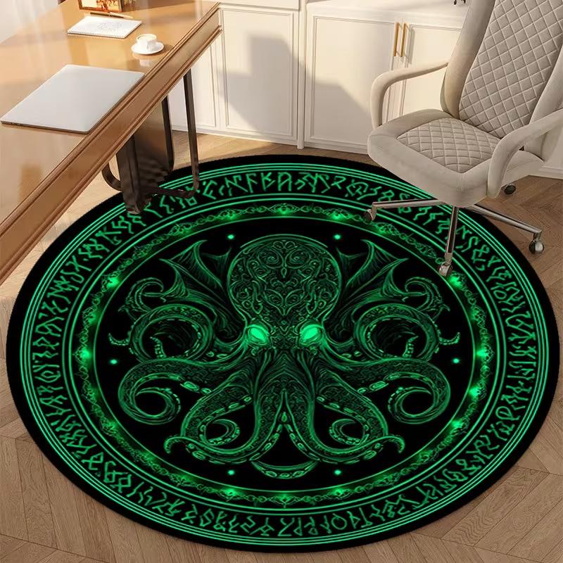 

Octopus Head Round Area Rug Green Tentacle Monster Carpet Fantasy Horror Decor Non Slip Floor Mat for Living Room Bedroom Gift 80cm x 80cm