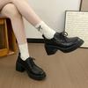 Retro round head thick-soled thick-heeled lace-up single shoes women's 2025 new spring and autumn British style small leather shoes deep-mouth high 