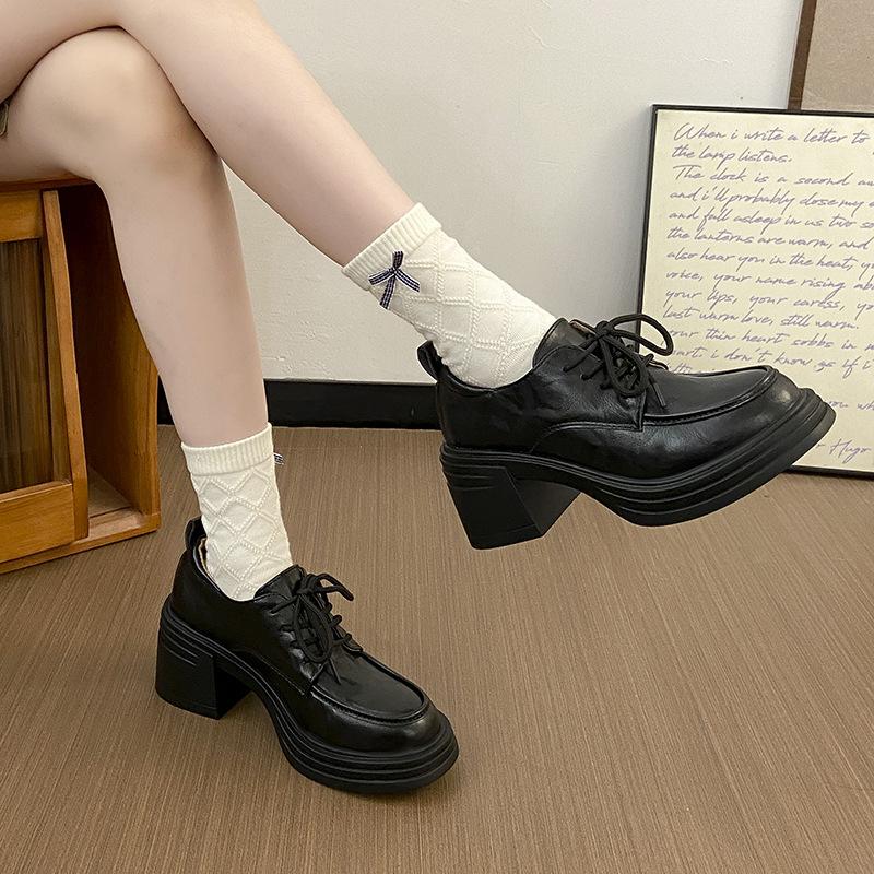 Retro round head thick-soled thick-heeled lace-up single shoes women's 2025 new spring and autumn British style small leather shoes deep-mouth high 