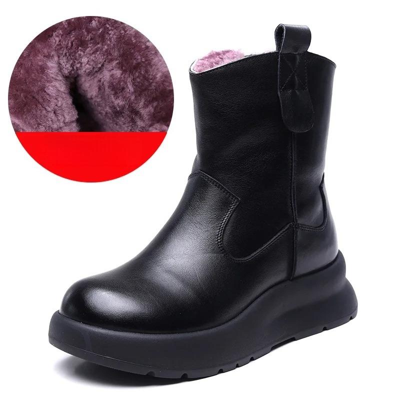 Johnature Genuine Leather Retro Thick Soled Women's Short Boots Versatile Wool Warm Snow Boots