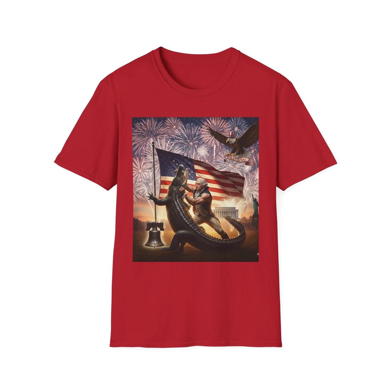George Washington Defeats Alligator Funny Patriotic Graphic T-Shirt - Great Gift XL