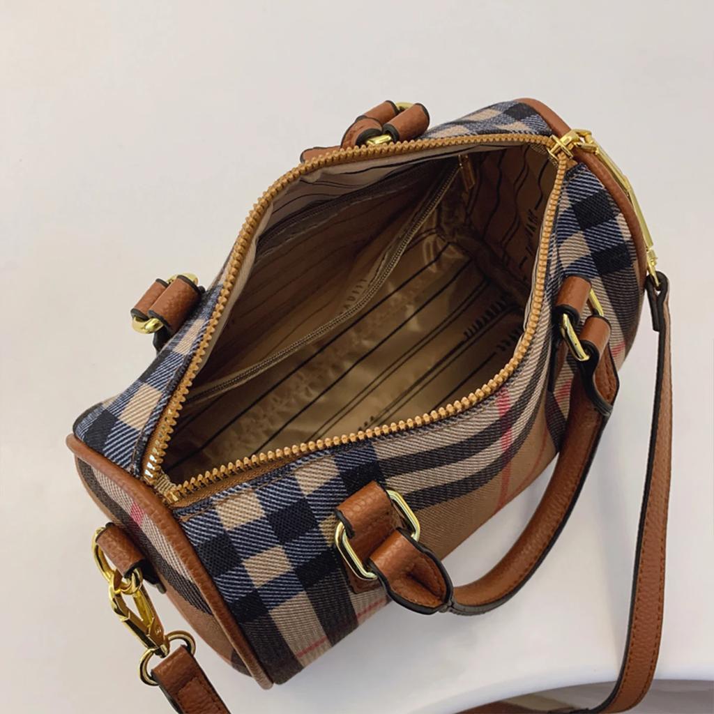 Velkokapacitní klasická pruhovaná kostkovaná taška přes rameno PU Crossbody Tote s nastavitelným popruhem na zip pro každodenní použití