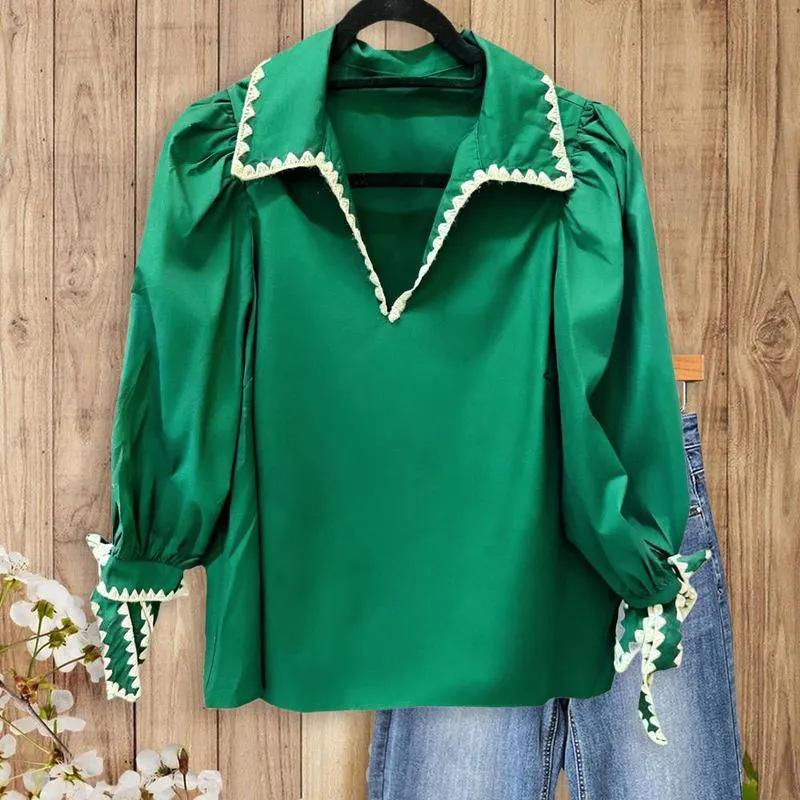 Shirt women s early autumn 2026 new loose contrasting color chic lace splicing shirt trendy long sleeves S