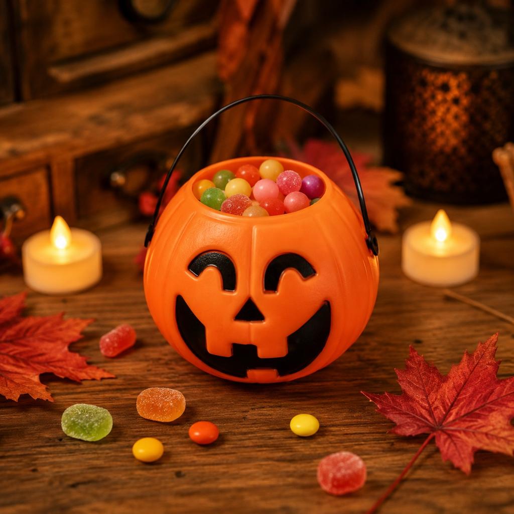 Halloween Pumpkin or - Handheld Candy Pail with Handle, Orange Decor for Party and Collection