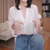 Camisa blanca de jacquard con empalme de encaje retro para mujer 1116 nuevo diseño de verano top de manga larga que reduce la edad algodón y lino