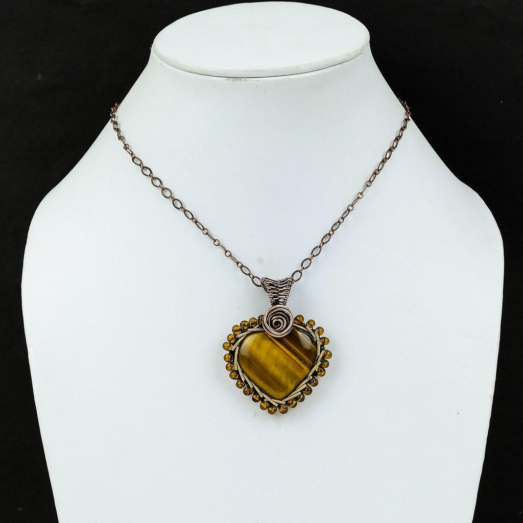 Heart Shape Tiger Eye Gemstone Handmade Copper Wire Wrap Jewelry Pendant For Love
