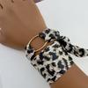 New Trendy Boho Women Leopard Print Silk Scarf Bracelet Stainless Steel Ring Charm Wrap Wristband Jewelry Irregular Metal