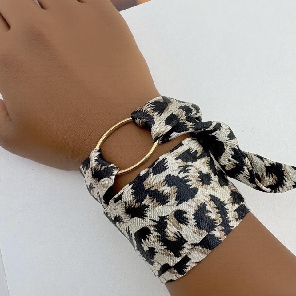 New Trendy Boho Women Leopard Print Silk Scarf Bracelet Stainless Steel Ring Charm Wrap Wristband Jewelry Irregular Metal