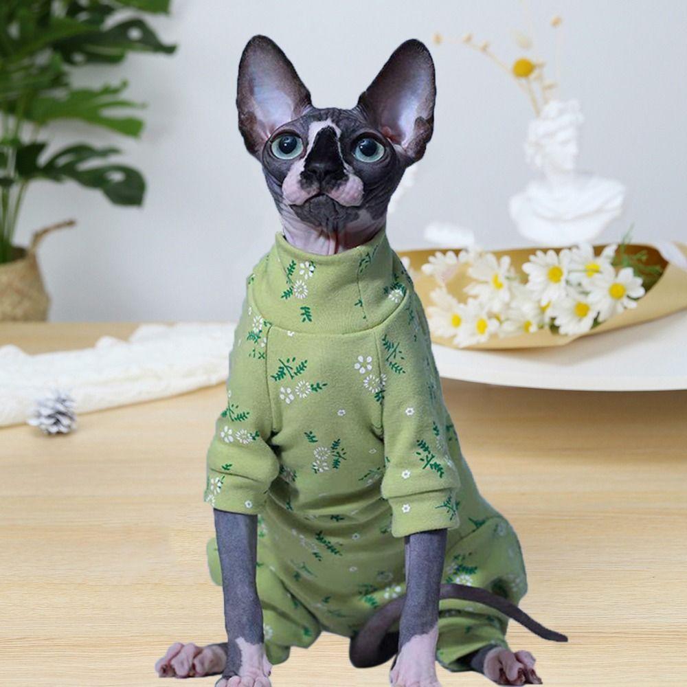 Fashion Green Cats Floral Long Sleeves Warm Soft Hairless Cat Clothes Comfortable Cats Pullover Small Dogs