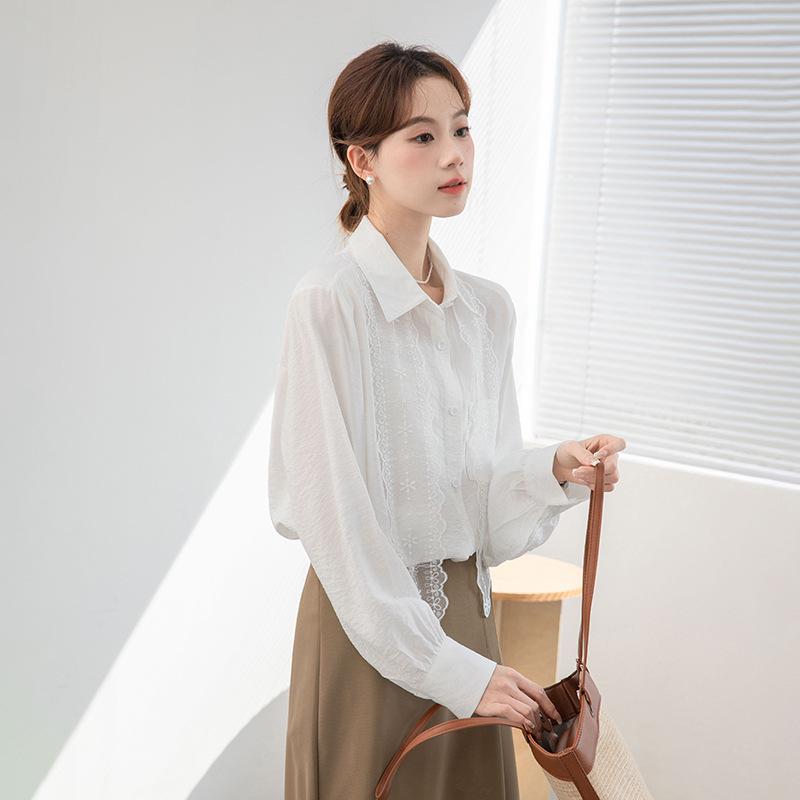 2026 Spring Sweet French Lace Shawl Slimming Long Sleeve Shirt Large белый