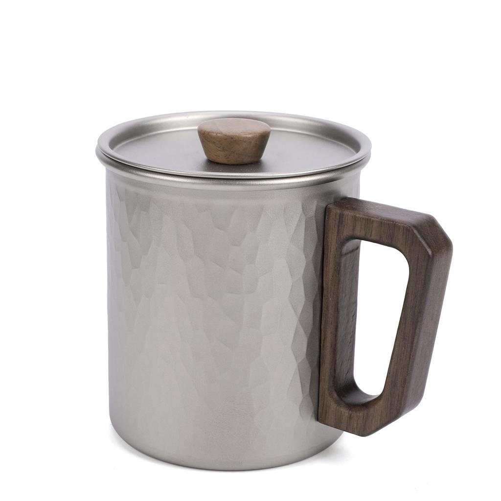 Ti Camping Cup 450ml with Wood Handle Lightweight Coffee Mug with Lid and Spoon for Outdoors Hiking Cup with Spoon
