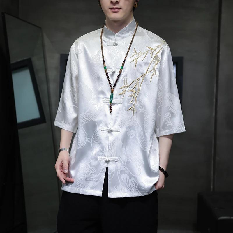 Summer Embroidery Shirt Men Ice Silk High Quality Casual Loose Short Sleeve Tops Retro Kung Fu Traditional Cardigan Mens