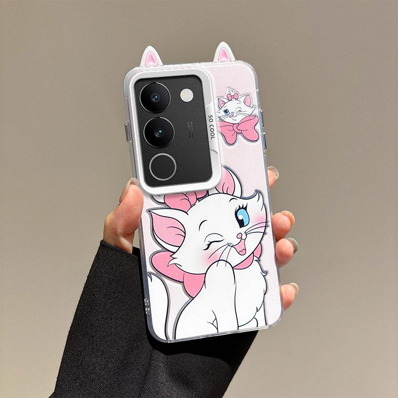 KEYSION Cute Ear Cartoon Case for VIVO V29 5G with Lanyard Soft Silicone+PC Shockproof Phone Back Cover for VIVO V29 5G