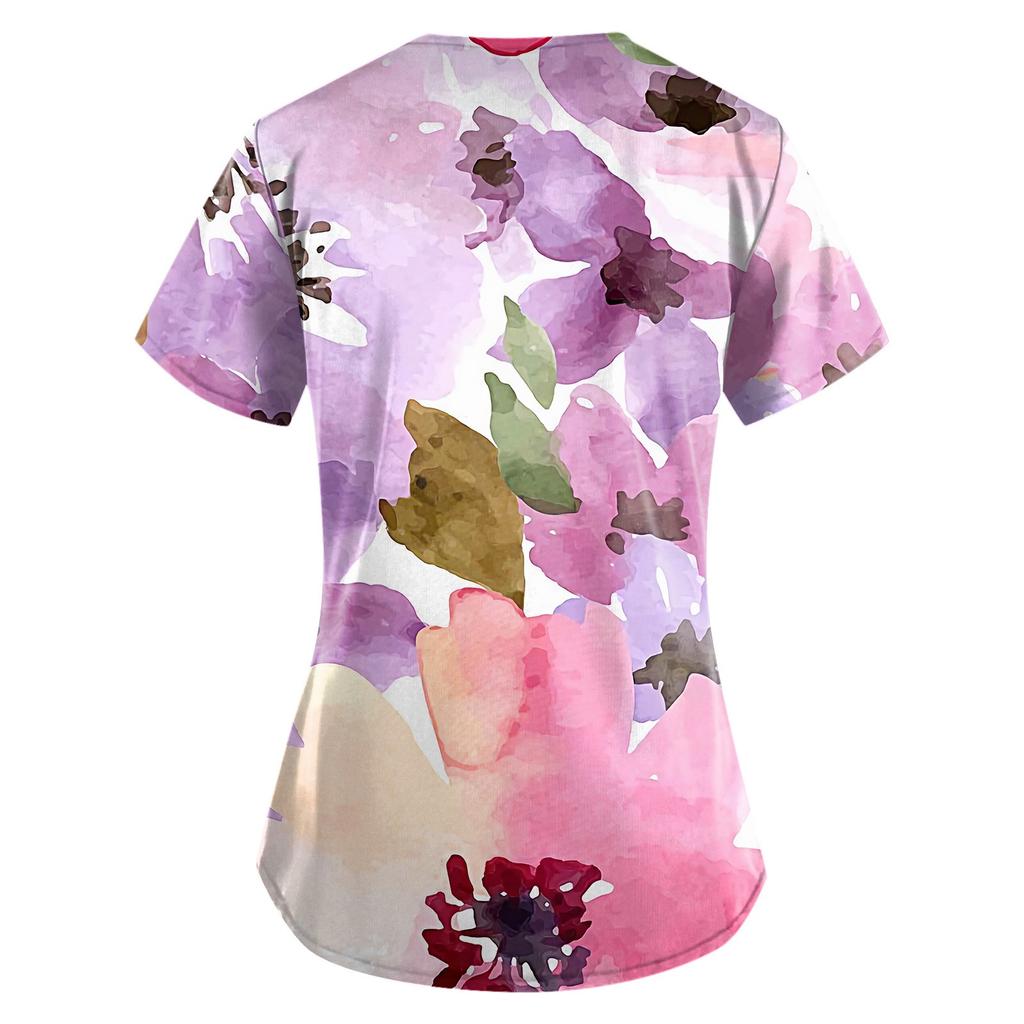 Women Fashion Spring And Summer Oil Painting Print V-neck Short Sleeve Workwear With Pockets Tops