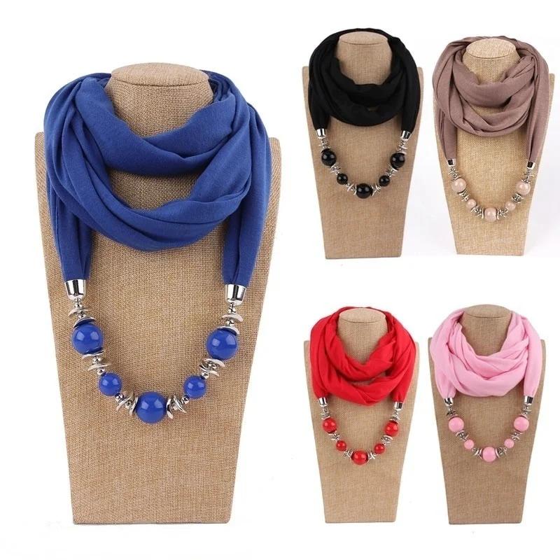 Fashion Vintage Ethnic Scarf Necklace Women New Fashion Scarves Collar Pendant Scarf Beads Solid Color Jewelry Fancy Bead Bib