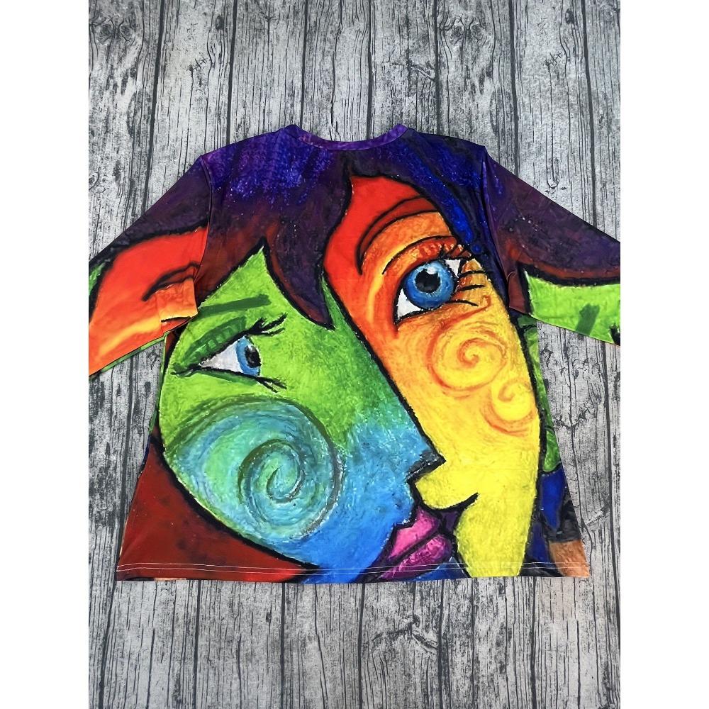 Vibrant Versatility, Elegant Plus Size Women's T-Shirt with Unique Abstract Print Crew Neck, Long Sleeve Perfect Spring