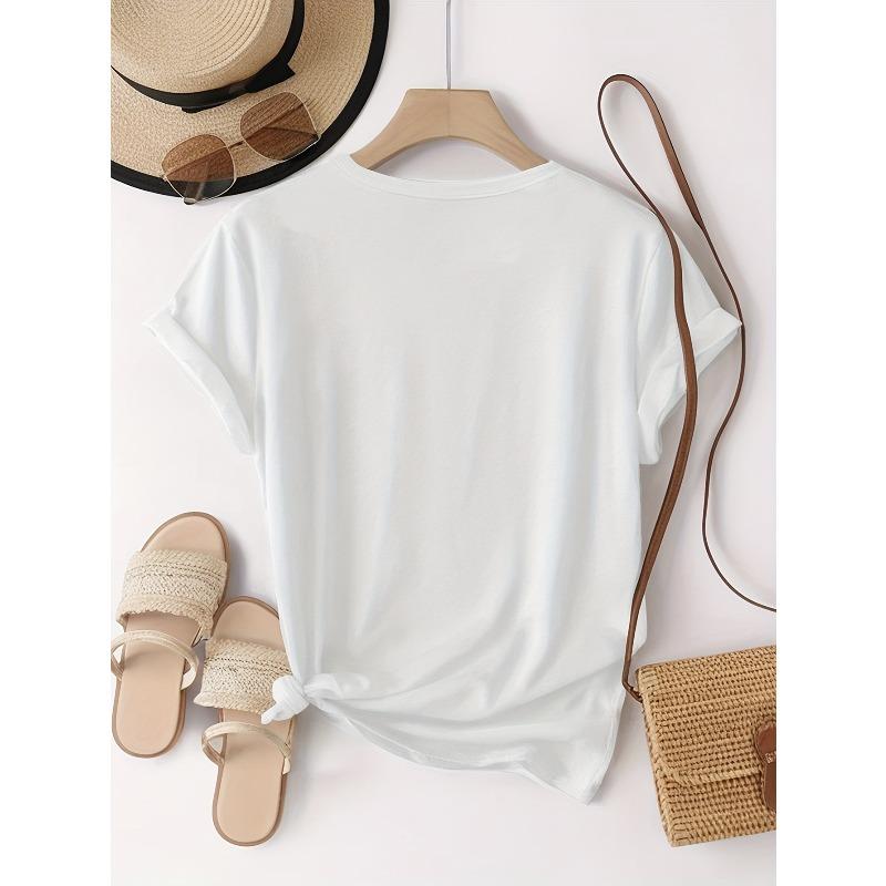 European Size Women'S Casual Short Sleeve T-Shirt with joyful Face Print - Soft Polyester Blend, Round Neck, Summer Essential