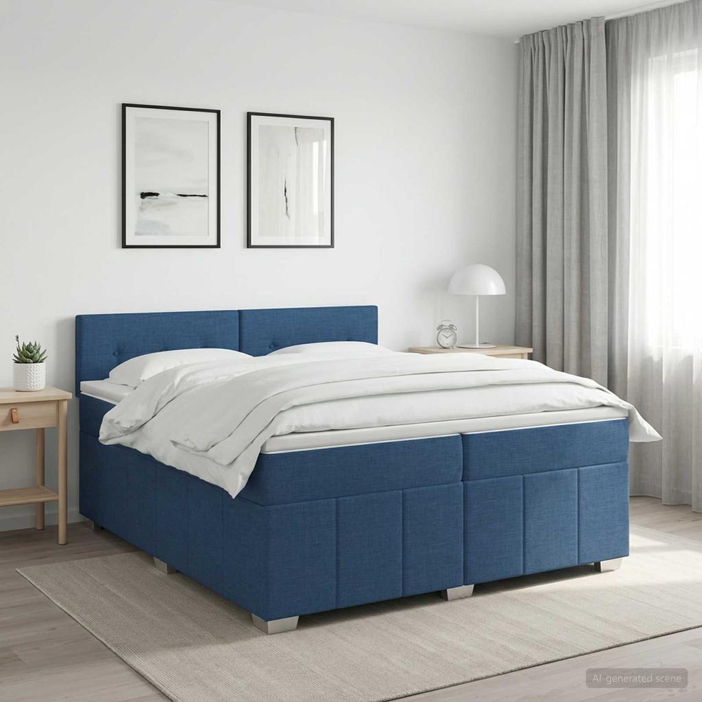 Box Spring Bed with Mattress and Headboard Blue 200 X 200 Cm Fabric