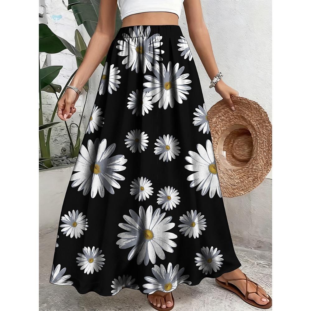 Plus Size - Elegant Floral Print Skirt - Casual A-Line, Non-Stretch Fabric, with Elastic Waistband
