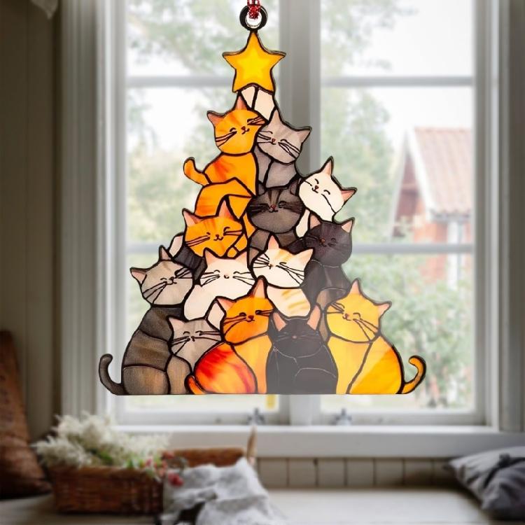 Stained Glass Window Hanging Cats Christmas Tree Suncatchers Colorful Glass Window Panel Hanging Decors for Garden Ornament