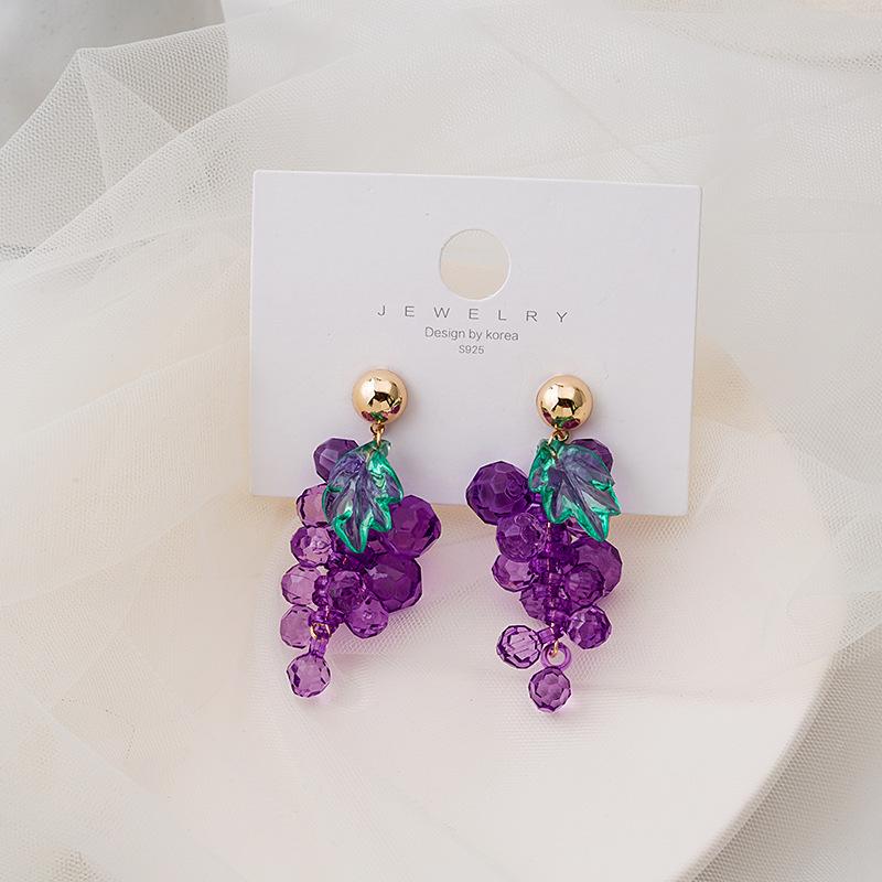925 Silver Needle 2023 Sweet Purple Grape String Earrings, Japanese Cute Design, Fresh and Creative Fruit Stud Earrings