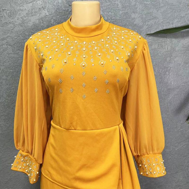 African Women's High-End Beaded Lantern Sleeve Dress