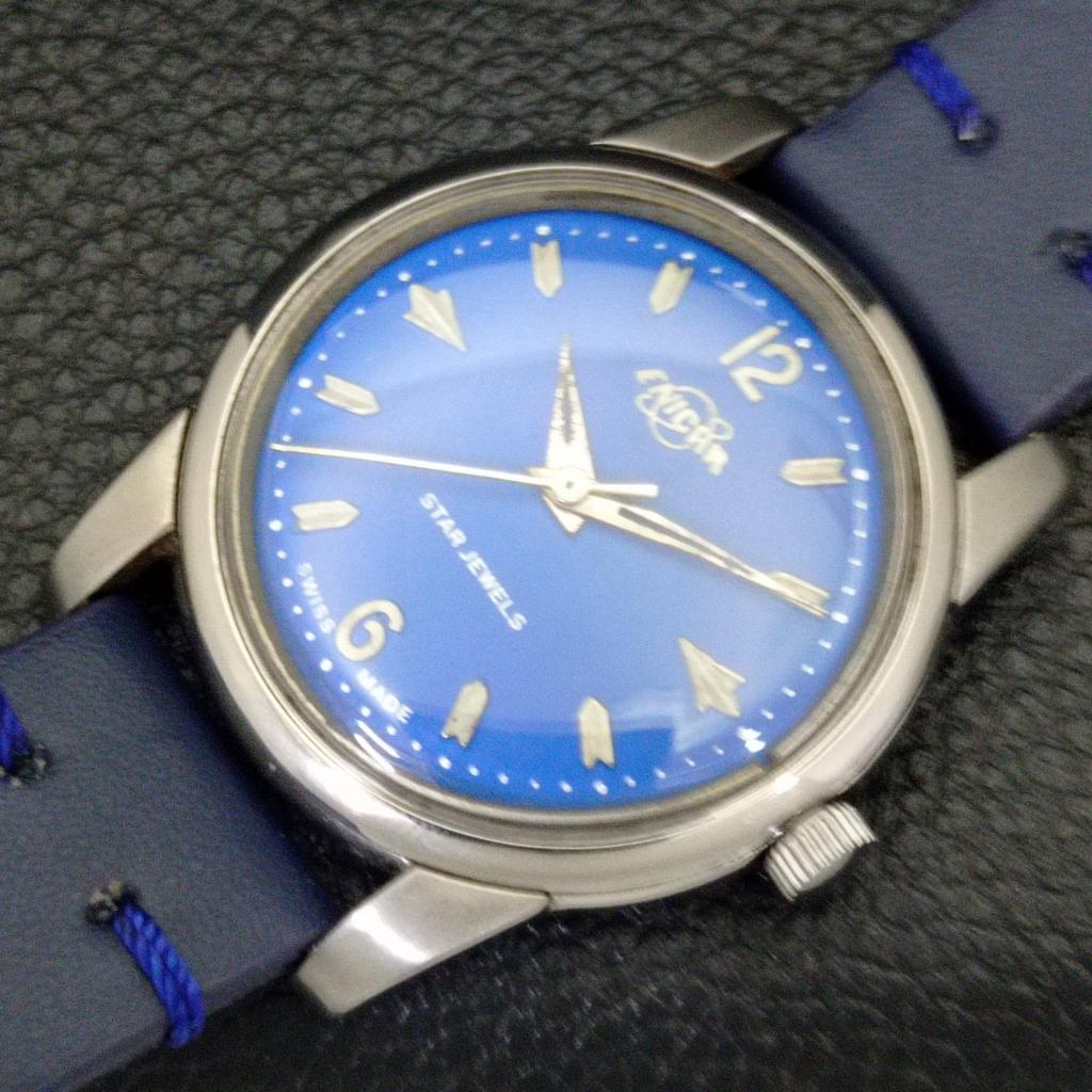 USED ENICAR STAR JEWELS HAND-WINDING SWISS MENS BLUE COLOR DIAL WATCH A431425-2 R107-a431425