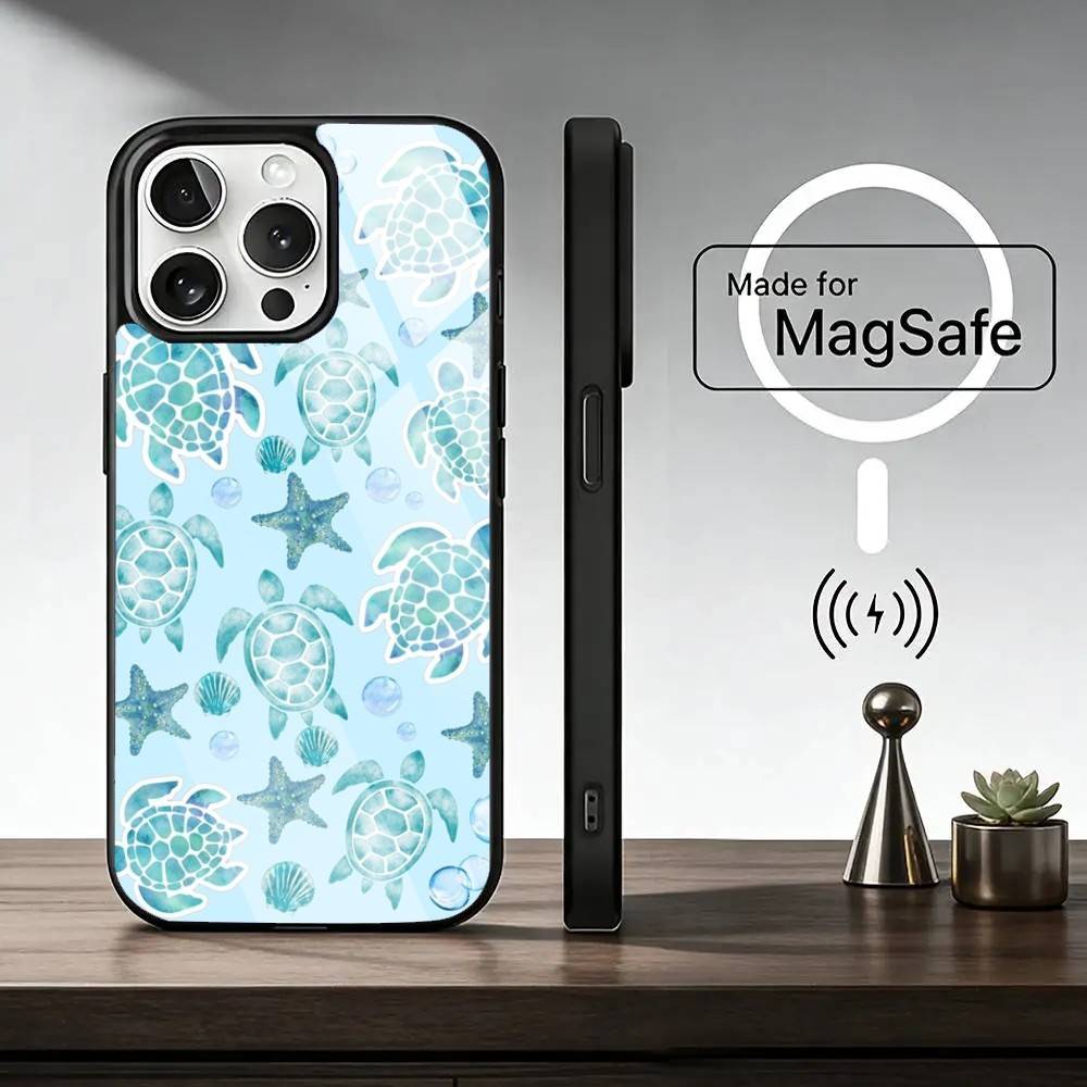 Sommer C-Cool Schildkrötenmuster Handyhülle Für iPhone17,16,15,14,13,12,11 Plus,Pro Magnetisch Für Magsafe Kabelloses Laden