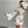 2025 Fashion Women Sexy Bodycon Bell Sleeve Dress Spring Summer New Elegant Slim Fit High Waist Printed Short Skirt