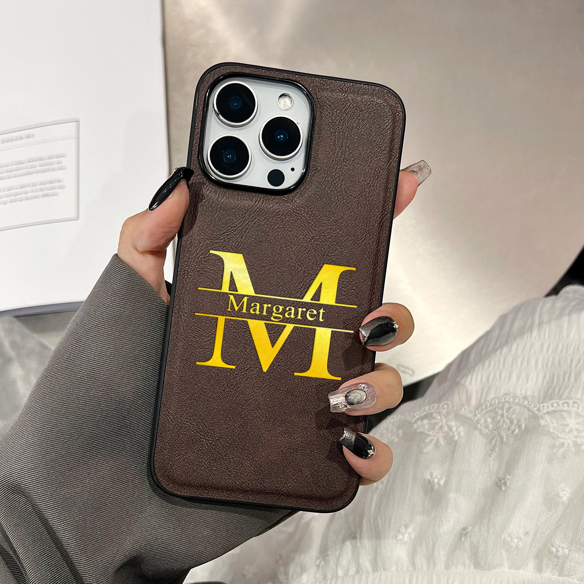 

Custom Name Case for iPhone 16 15 14 13 12 11 Pro Max Plus Personalized Initials 3D Engraved Golden Letter Faux Leather Cover iPhone 12