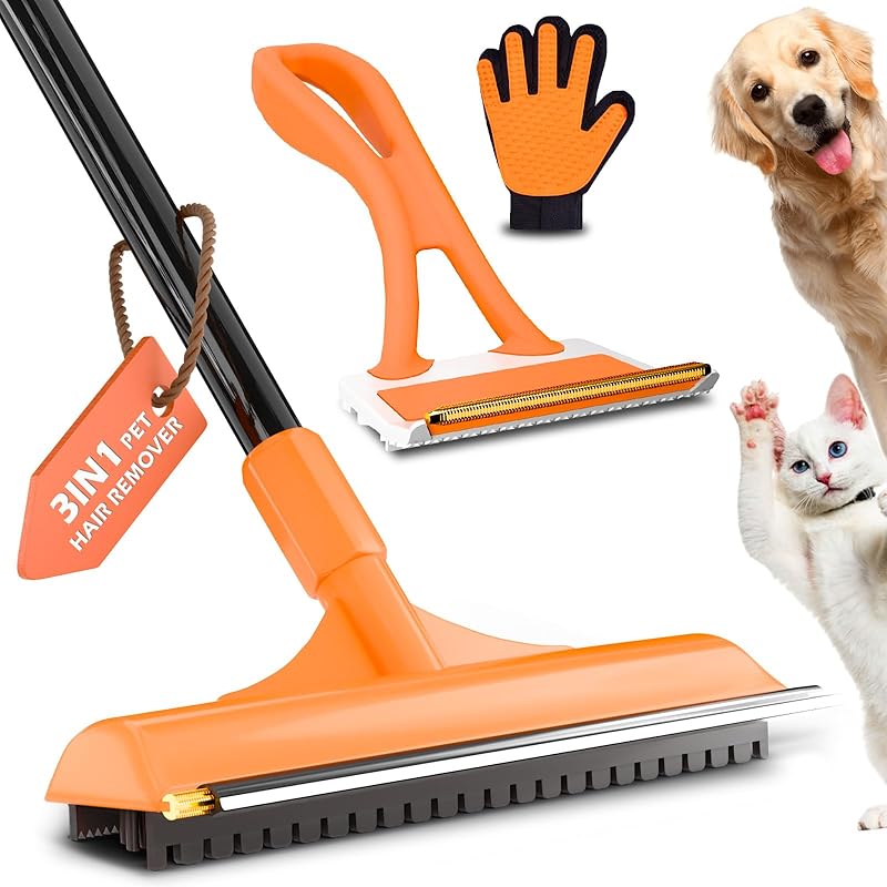 Carpet Rake for Pet Hair Removal - 3 in 1 Pet Hair Remover Tool with 58  Adjustable Long Handle,Reusable Dog & Cat Carpet Scraper,Pet Hair Remover