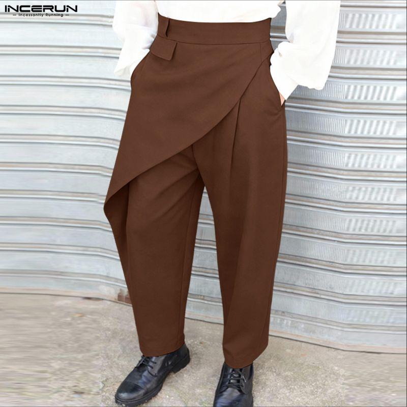 INCERUN Men Back Elastic Waist Casual Long Front Layers Harem Pants Trousers