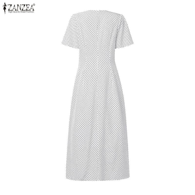 ZANZEA Women Casual V-Neck Polka Dot Print Short Sleeve Dress