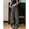 Womens High Waist Grey Cargo Wide Leg Jeans Casual Loose Streetwear Denim Trousers Y2K Style