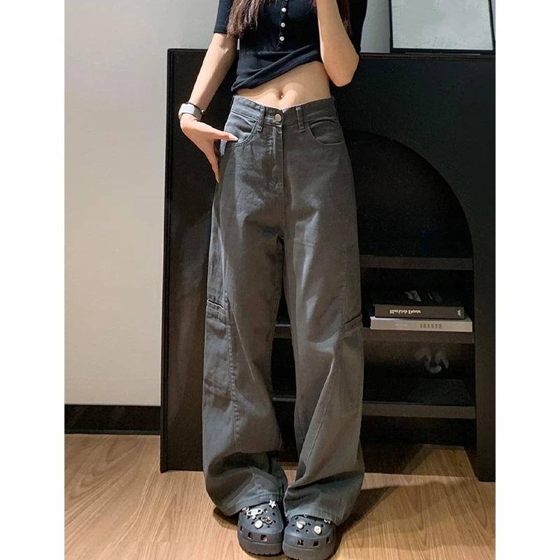 Womens High Waist Grey Cargo Wide Leg Jeans Casual Loose Streetwear Denim Trousers Y2K Style