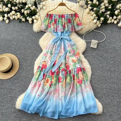 Eleganter Rüschendruck, Schlitzhals, Schnürung, Vintage-Kap-Ärmel, schickes, schmales Chiffon-Kleid, Mode, Frühling, Damen, High Street-Kleidung