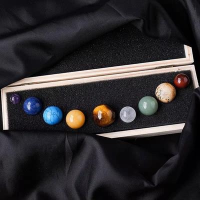 Natural Crystal 9-Planets Ball Solar System Sun with Rock Quartz Stones Wooden Box Beads Desktop Decorative Item