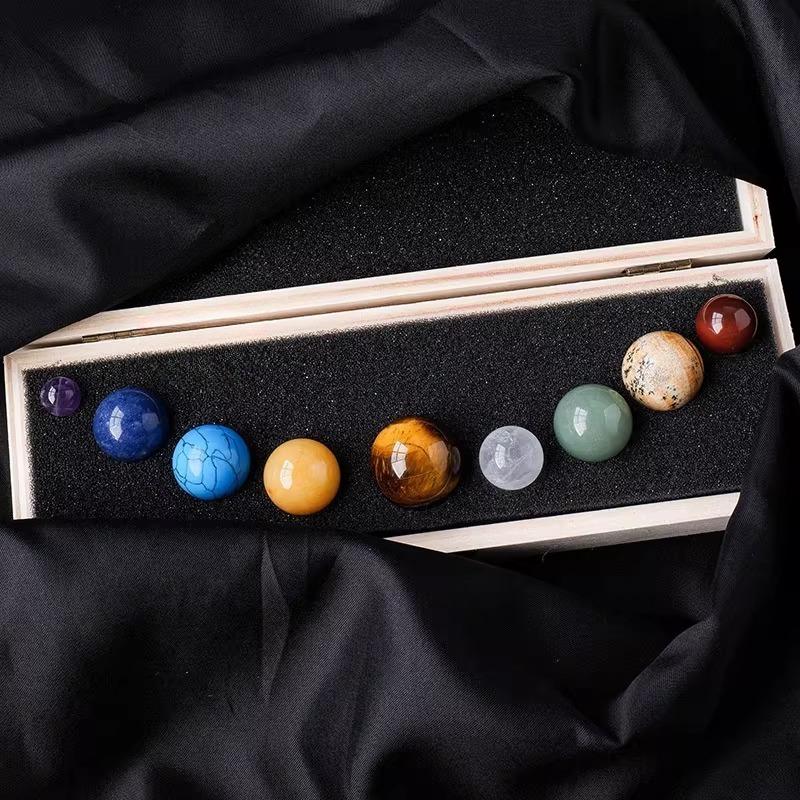Natural Crystal 9-Planets Ball Solar System Sun with Rock Quartz Stones Wooden Box Beads Desktop Decorative Item